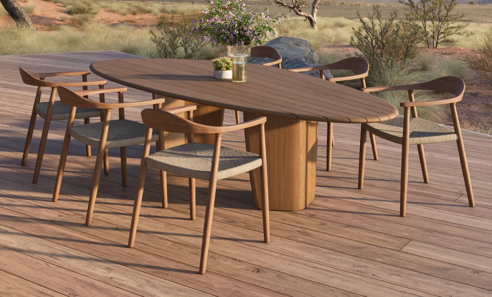 Betaco Sorrento teak eettafel op een terras