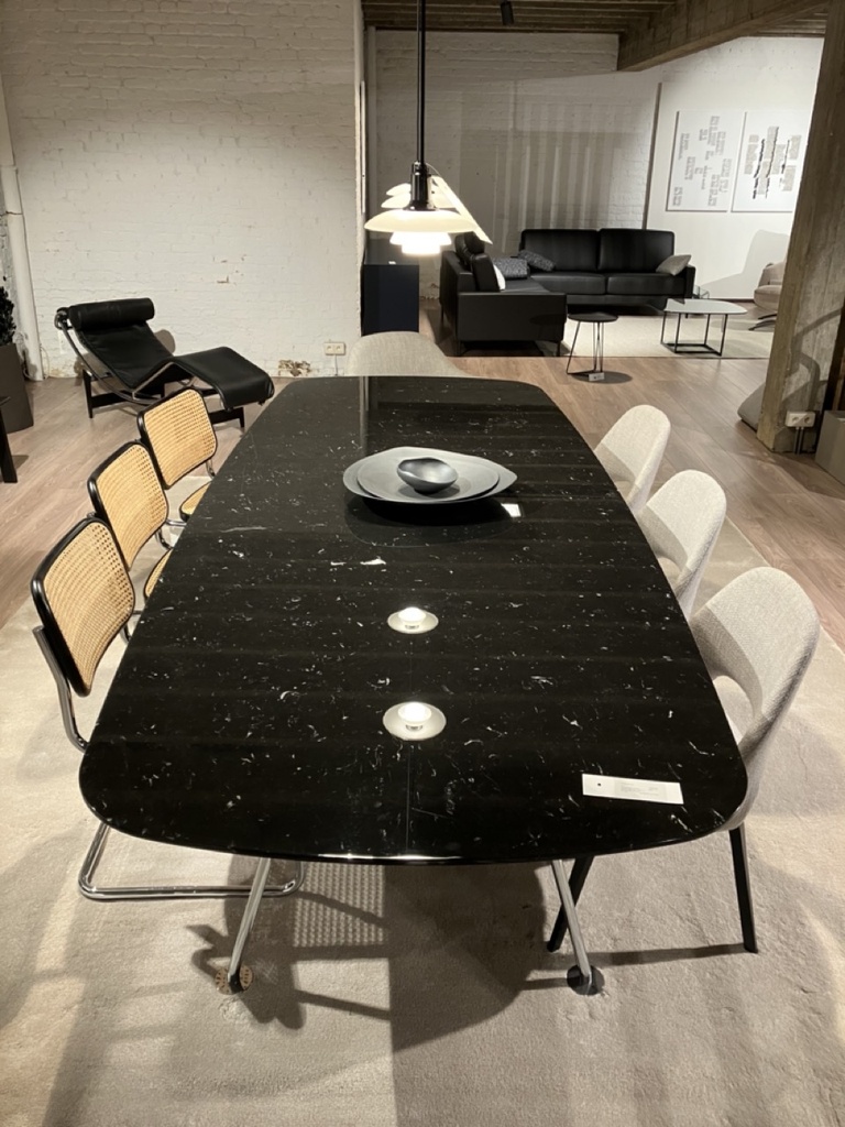 Grasshopper eettafel marmer zwart nero marquina toonzaal leuven outlet solden chroom